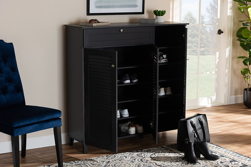 Theo Modern and Contemporary Dark Gray Finished 11-Shelf Wood Shoe Storage Cabinet w/Drawer