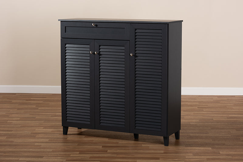 Theo Modern and Contemporary Dark Gray Finished 11-Shelf Wood Shoe Storage Cabinet w/Drawer