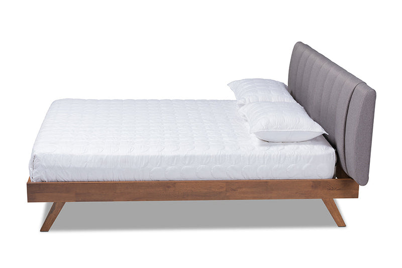 Harper Gray Fabric Upholstered Walnut Queen Size Bed Baxton