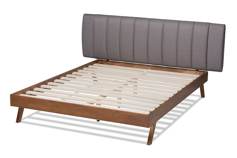 Harper Gray Fabric Upholstered Walnut Queen Size Bed Baxton