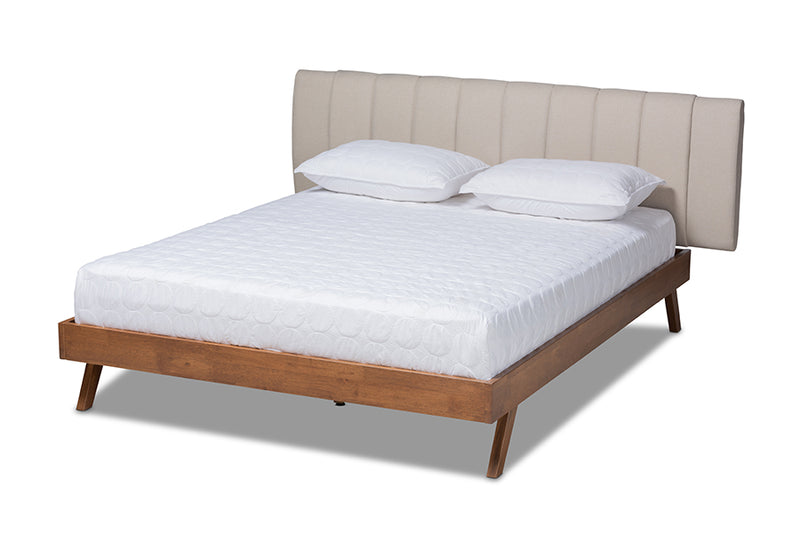 Harper Mid-Century Modern Light Beige Fabric Upholstered Walnut Finished Wood King Size Bed