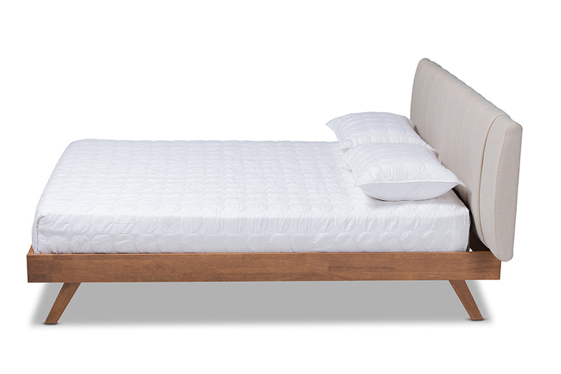 Harper Mid-Century Modern Light Beige Fabric Upholstered Walnut Finished Wood King Size Bed