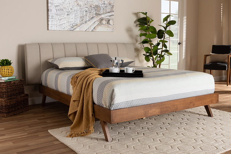 Harper Light Beige Fabric Upholstered Walnut Queen Size Bed Baxton