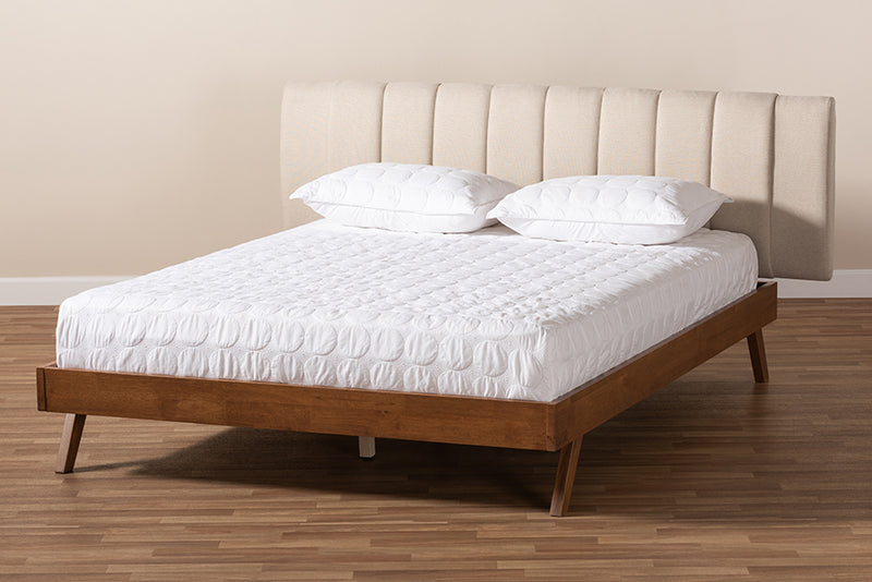 Harper Mid-Century Modern Light Beige Fabric Upholstered Walnut Finished Wood King Size Bed