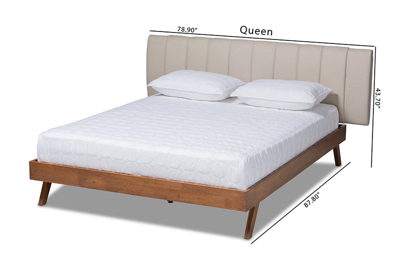 Harper Mid-Century Modern Light Beige Fabric Upholstered Walnut Finished Wood King Size Bed