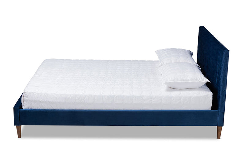 Timothy Royal Blue Velvet Fabric Upholstered Queen Size Bed Baxton