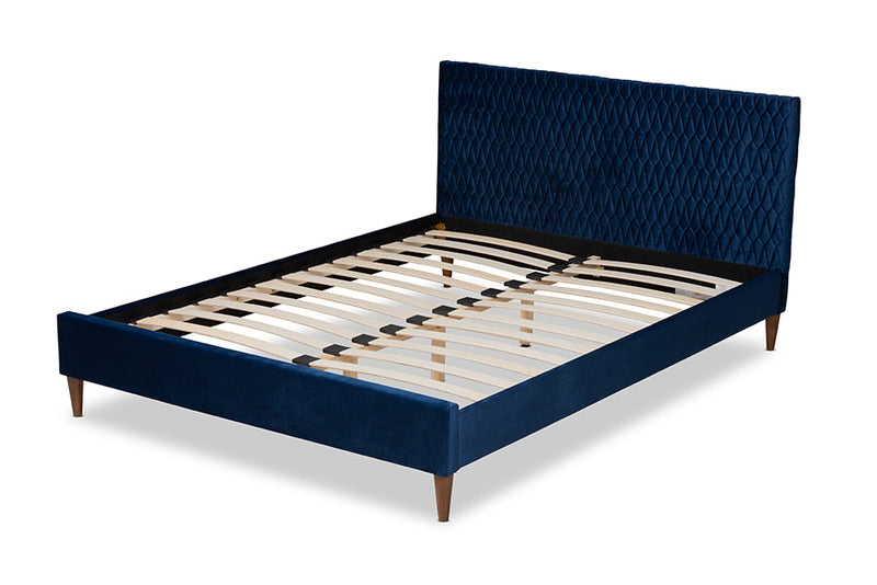 Timothy Royal Blue Velvet Fabric Upholstered Queen Size Bed Baxton