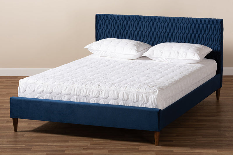 Timothy Royal Blue Velvet Fabric Upholstered Queen Size Bed Baxton