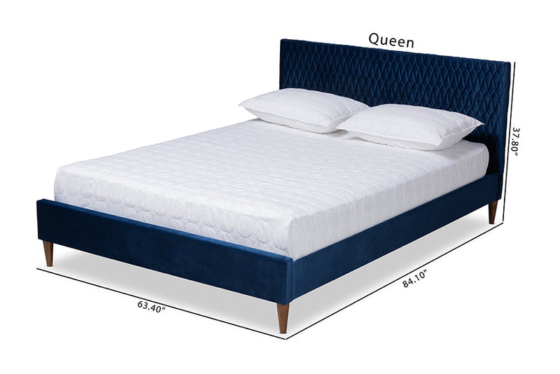 Timothy Royal Blue Velvet Fabric Upholstered Queen Size Bed Baxton