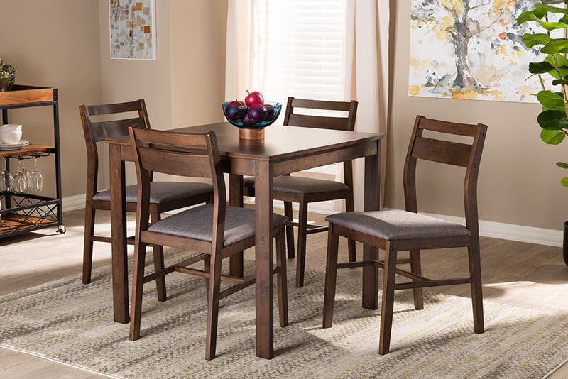 Nadira Gray Fabric Upholstered Dark Walnut-Finished 5-Piece Wood Dining Set Baxton