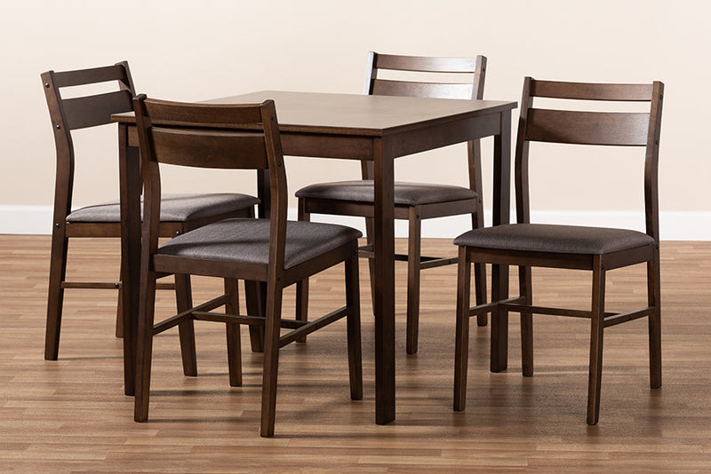 Nadira Gray Fabric Upholstered Dark Walnut-Finished 5-Piece Wood Dining Set Baxton