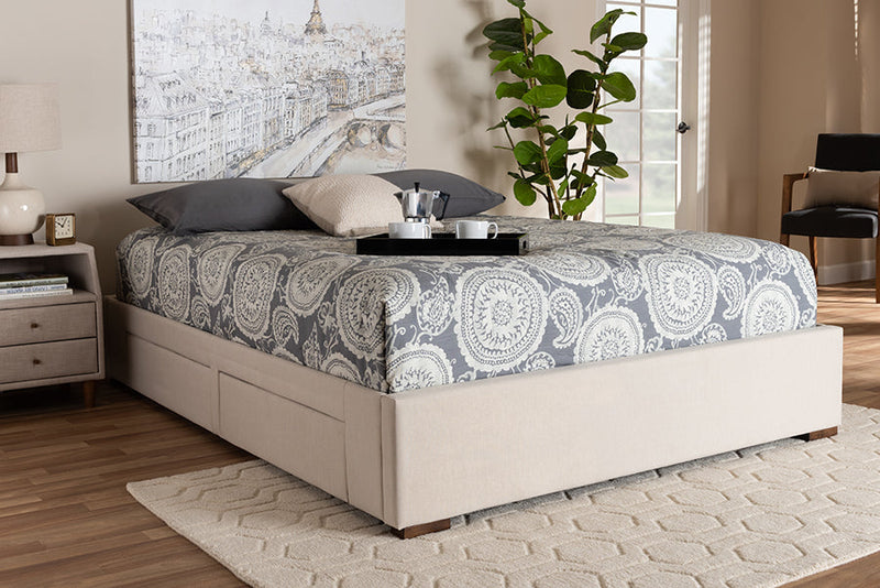 Finnick Beige Fabric Upholstered 4-Drawer Queen Size Platform Storage Bed Baxton