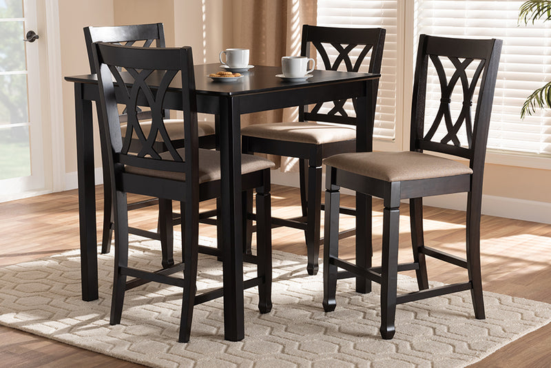 Asgart Modern and Contemporary Sand Fabric Upholstered Espresso Brown Finished 5-Piece Wood Pub Set