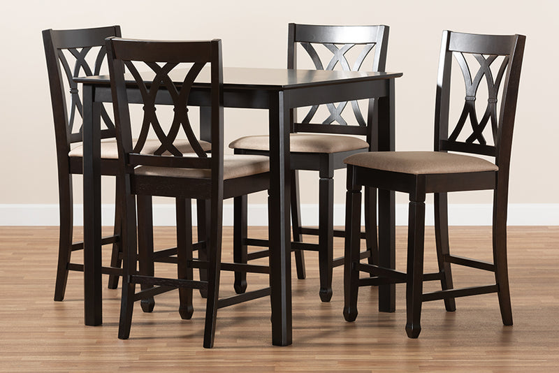 Asgart Modern and Contemporary Sand Fabric Upholstered Espresso Brown Finished 5-Piece Wood Pub Set