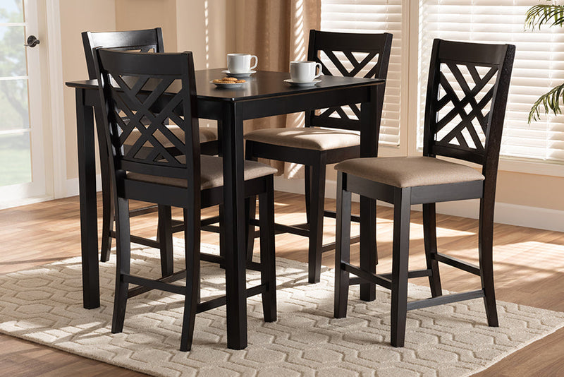 Iden Sand Fabric Upholstered Espresso Brown Finished 5-Piece Wood Pub Set Baxton