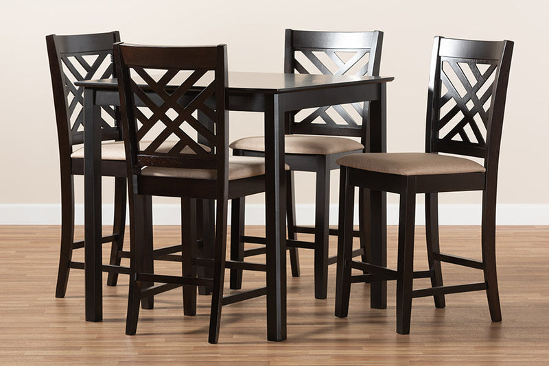 Iden Sand Fabric Upholstered Espresso Brown Finished 5-Piece Wood Pub Set Baxton