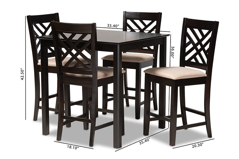 Iden Sand Fabric Upholstered Espresso Brown Finished 5-Piece Wood Pub Set Baxton