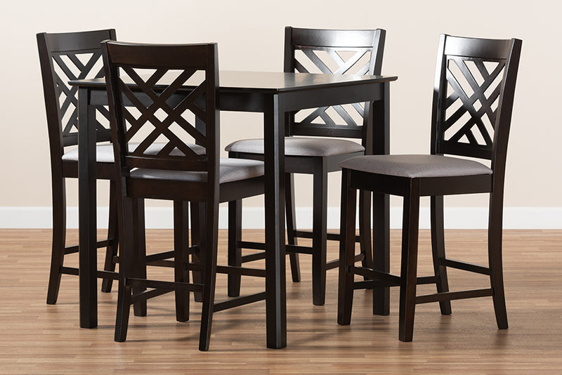 Iden Modern and Contemporary Gray Fabric Upholstered Espresso Brown Finished 5-Piece Wood Pub Set