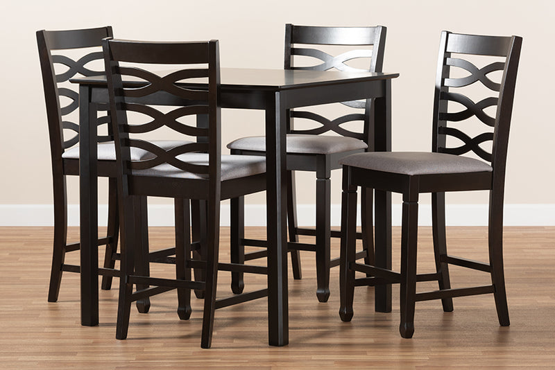 Maliyah Modern and Contemporary Gray Fabric Upholstered Espresso Brown Finished 5-Piece Wood Pub Set