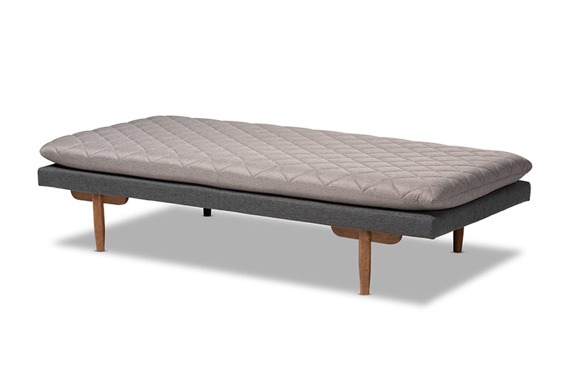 Hermes Mid-Century Modern Two-Tone Gray Fabric Upholstered Walnut Finished Wood Daybed