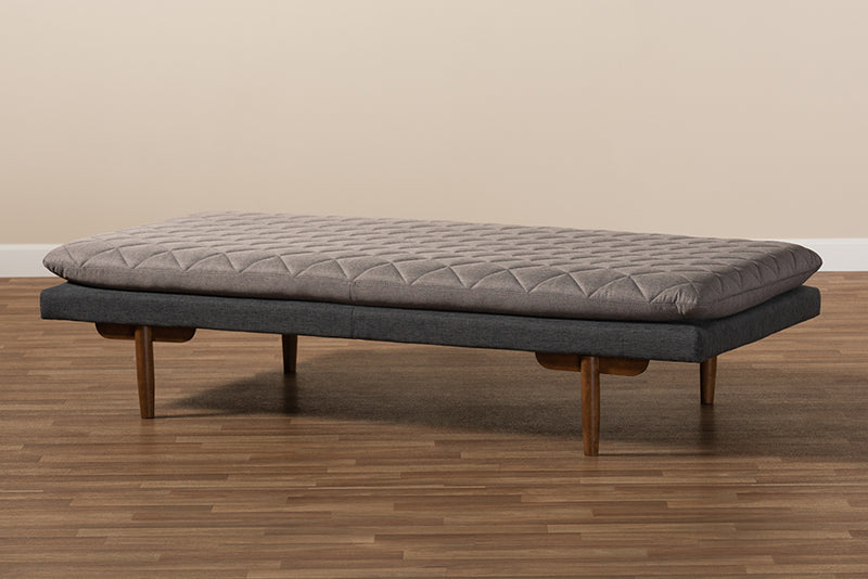 Hermes Mid-Century Modern Two-Tone Gray Fabric Upholstered Walnut Finished Wood Daybed