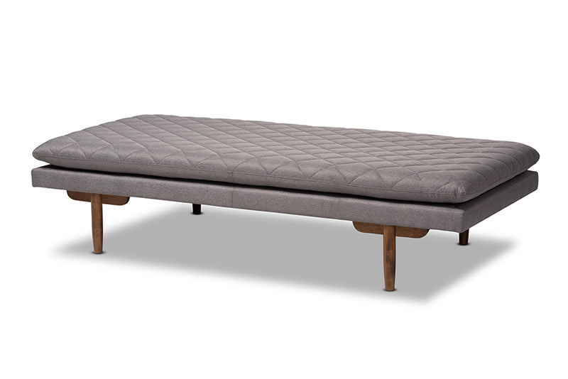 Hermes Mid-Century Modern Gray Fabric Upholstered Walnut Finished Wood Daybed