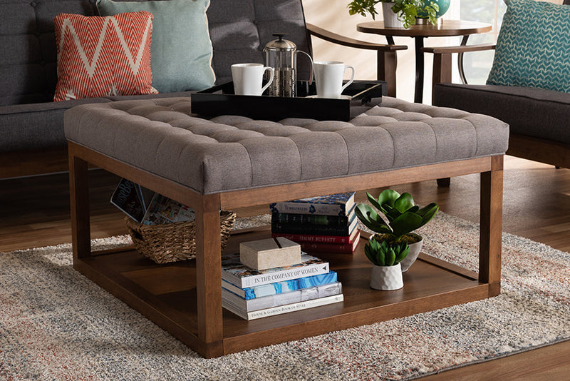Miami Gray Fabric Upholstered Walnut Finished Cocktail Ottoman Baxton
