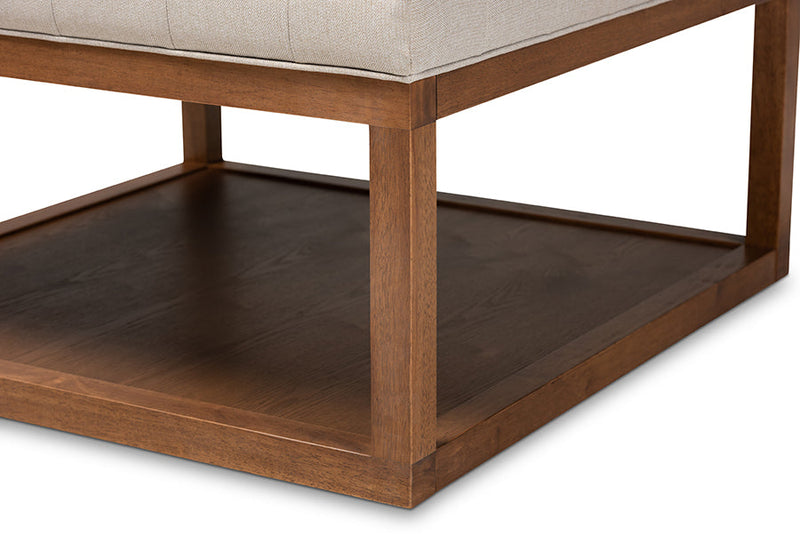 Miami Beige Fabric Upholstered Walnut Finished Cocktail Ottoman Baxton