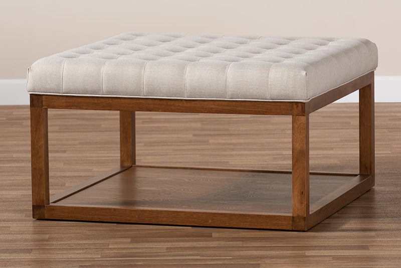 Miami Beige Fabric Upholstered Walnut Finished Cocktail Ottoman Baxton