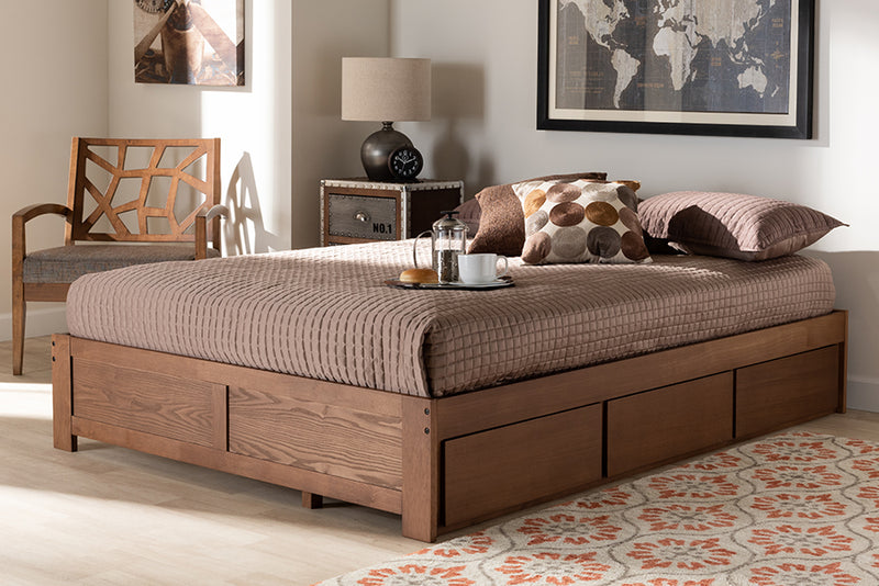 Wycliff Modern and Contemporary Walnut Finished 3-Drawer Queen Size Platform Storage Bed