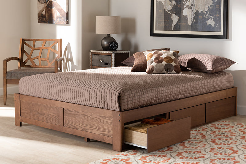 Wycliff Modern and Contemporary Walnut Finished 3-Drawer Queen Size Platform Storage Bed