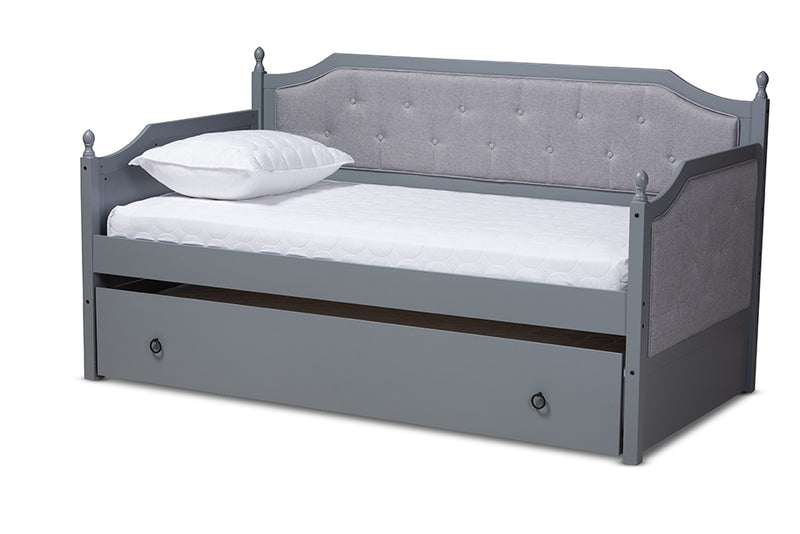 Geoffrey Classic and Traditional Gray Fabric Upholstered Gray Finished Wood Twin Size Daybed w/Trundle