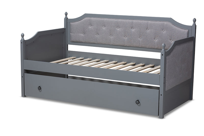 Geoffrey Classic and Traditional Gray Fabric Upholstered Gray Finished Wood Twin Size Daybed w/Trundle