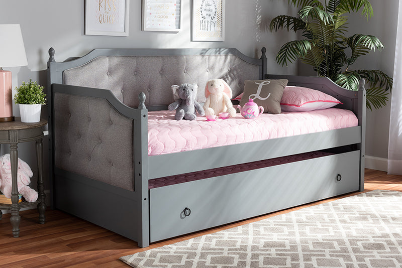 Geoffrey Classic and Traditional Gray Fabric Upholstered Gray Finished Wood Twin Size Daybed w/Trundle