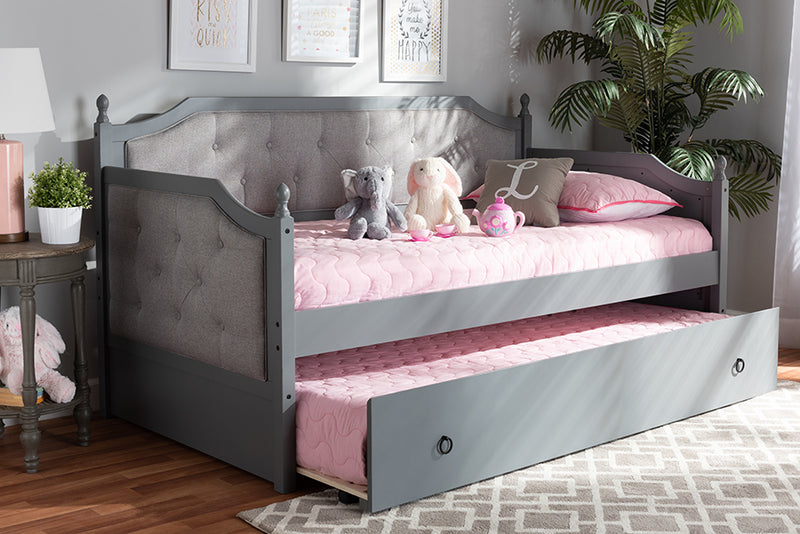 Geoffrey Classic and Traditional Gray Fabric Upholstered Gray Finished Wood Twin Size Daybed w/Trundle