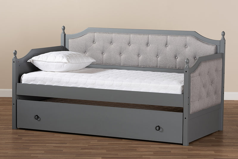 Geoffrey Classic and Traditional Gray Fabric Upholstered Gray Finished Wood Twin Size Daybed w/Trundle