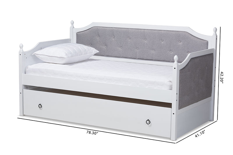 Geoffrey Classic and Traditional Gray Fabric Upholstered White Finished Wood Twin Size Daybed w/Trundle