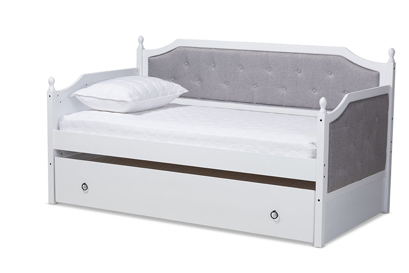 Geoffrey Classic and Traditional Gray Fabric Upholstered White Finished Wood Twin Size Daybed w/Trundle