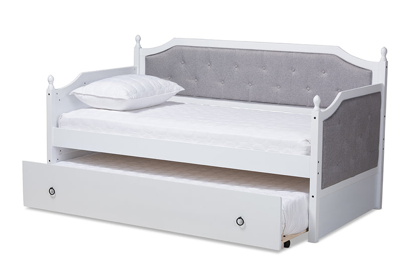 Geoffrey Classic and Traditional Gray Fabric Upholstered White Finished Wood Twin Size Daybed w/Trundle