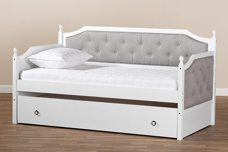 Geoffrey Classic and Traditional Gray Fabric Upholstered White Finished Wood Twin Size Daybed w/Trundle