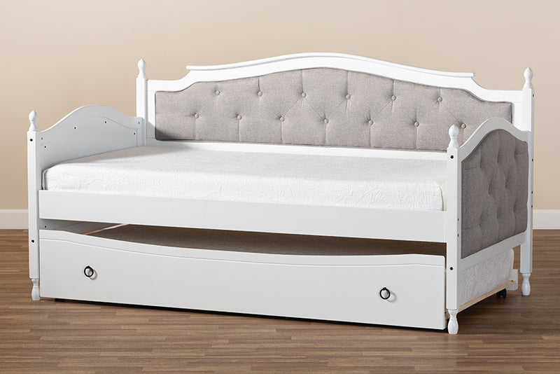 Amena Classic and Traditional Gray Fabric Upholstered White Finished Wood Twin Size Daybed w/Trundle