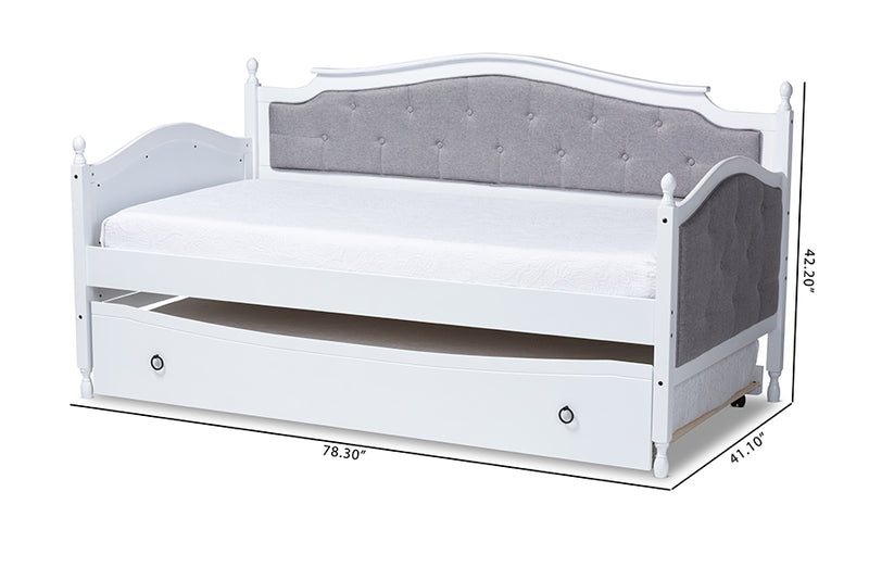 Amena Classic and Traditional Gray Fabric Upholstered White Finished Wood Twin Size Daybed w/Trundle