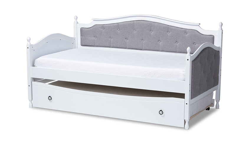 Amena Classic and Traditional Gray Fabric Upholstered White Finished Wood Twin Size Daybed w/Trundle