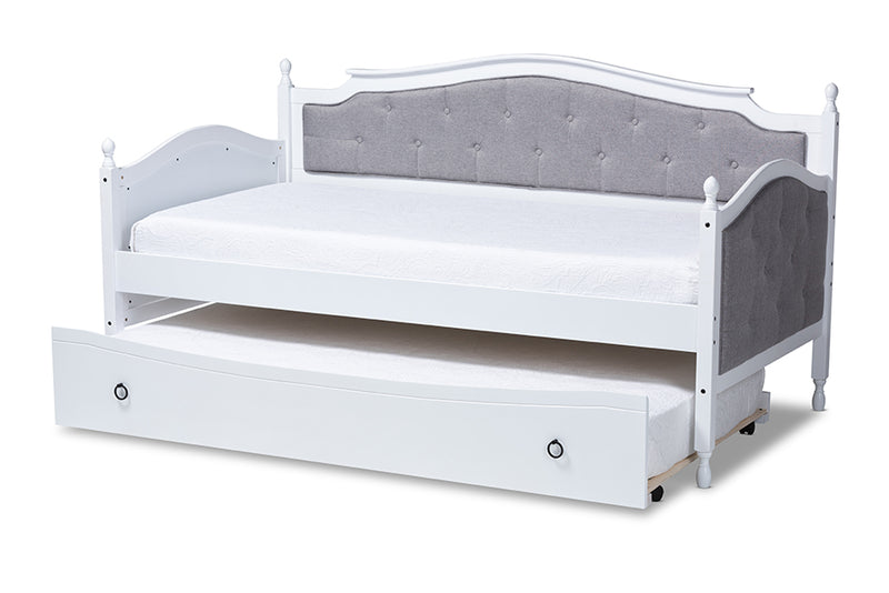 Amena Classic and Traditional Gray Fabric Upholstered White Finished Wood Twin Size Daybed w/Trundle