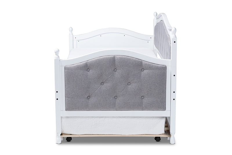 Amena Classic and Traditional Gray Fabric Upholstered White Finished Wood Twin Size Daybed w/Trundle