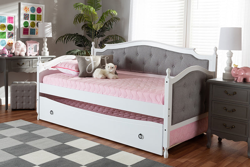 Amena Classic and Traditional Gray Fabric Upholstered White Finished Wood Twin Size Daybed w/Trundle