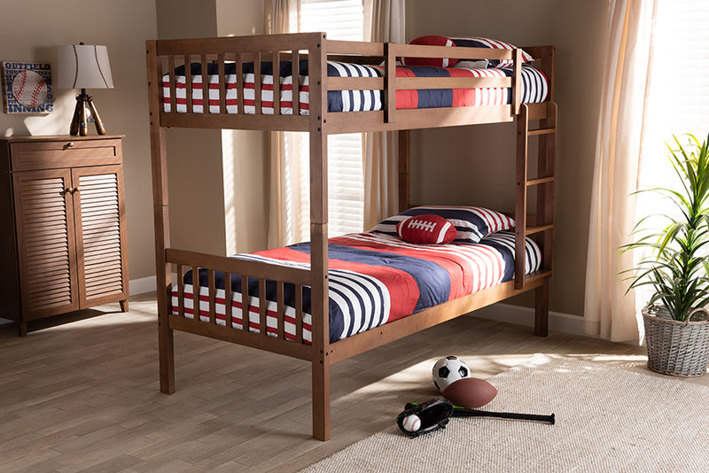 Kassa Modern and Contemporary Walnut Brown Finished Wood Twin Size Bunk Bed