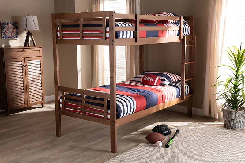 Ramiel Modern and Contemporary Walnut Brown Finished Wood Twin Size Bunk Bed