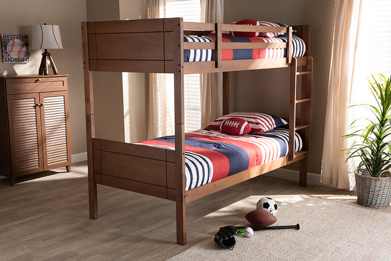 Elora Modern and Contemporary Walnut Brown Finished Wood Twin Size Bunk Bed