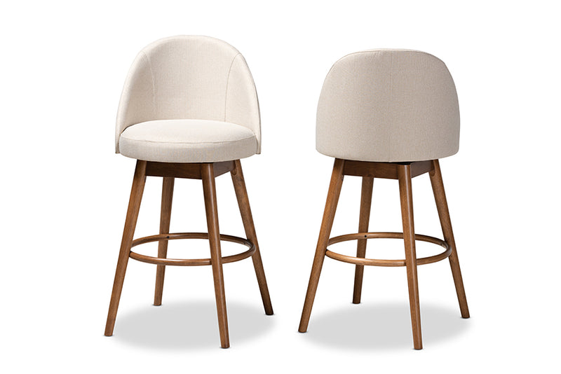 Mara Mid-Century Modern Light Beige Fabric Upholstered Walnut-Finished Wood 2-Piece Swivel Bar Stool Set